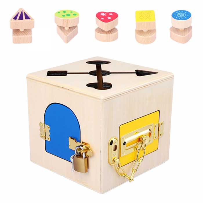 Cub educativ Montessori din lemn cu incuietori si labirint, multicolor [2]