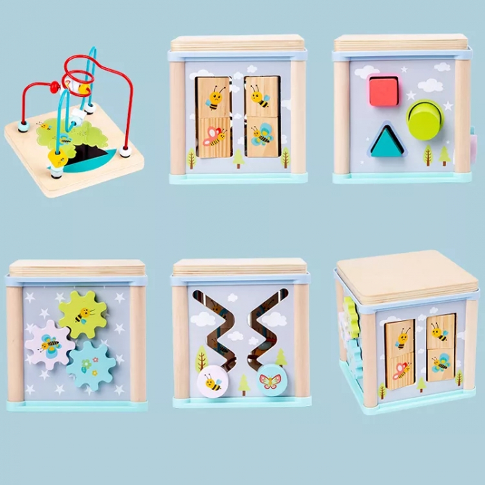 Cub educativ multifunctional din lemn 5 in 1 Fluturi si Albine, multicolor [3]