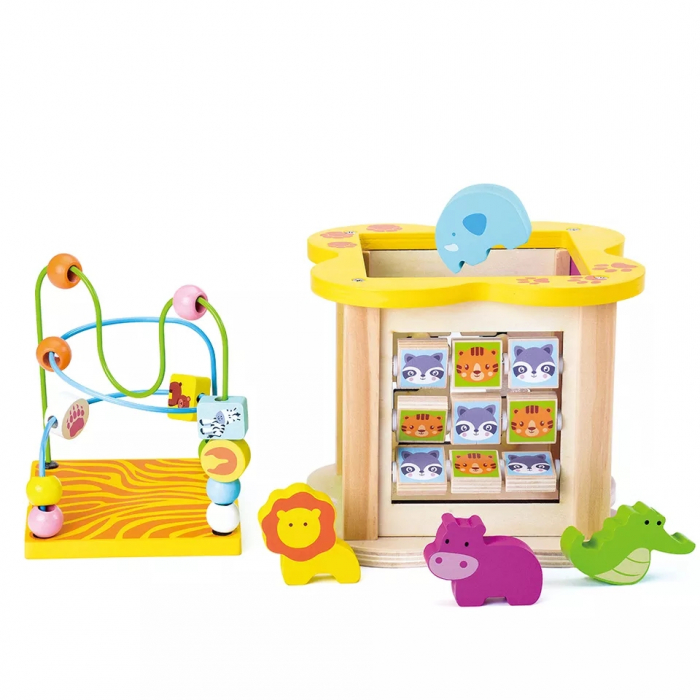 Cub educativ multifunctional din lemn 6 in 1 Mini Animal Cube, multicolor [2]