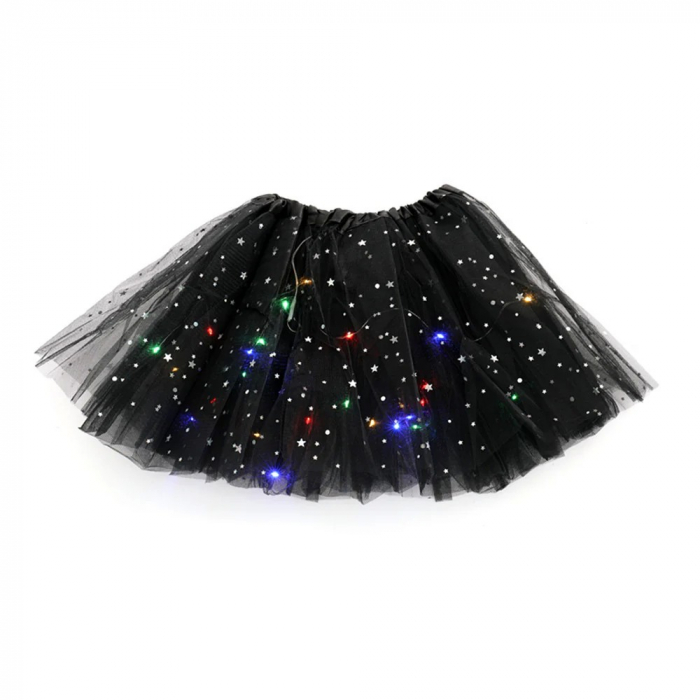 Fusta LED pentru Copii, Tutu pentru Fetite cu Luminite Multicolore Incorporate, Model Stelute, 30 cm Lungime, Negru [1]