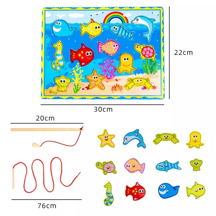 Joc de pescuit magnetic din lemn 3 in 1, snuruit, puzzle incastru, multicolor [7]