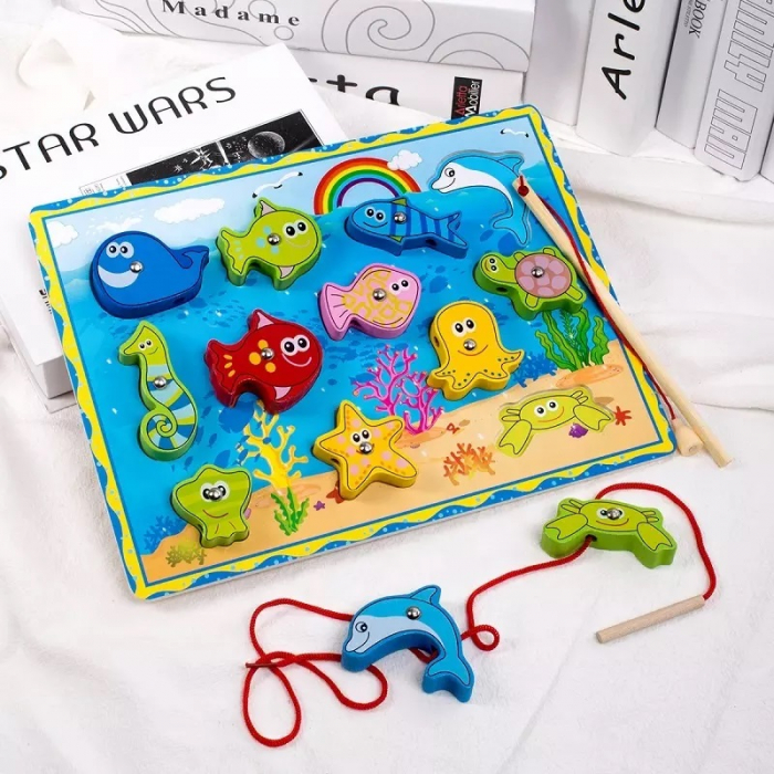 Joc de pescuit magnetic din lemn 3 in 1, snuruit, puzzle incastru, multicolor [4]