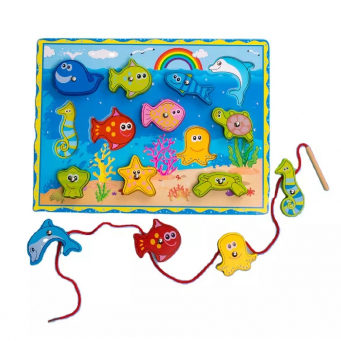 Joc de pescuit magnetic din lemn 3 in 1, snuruit, puzzle incastru, multicolor [2]