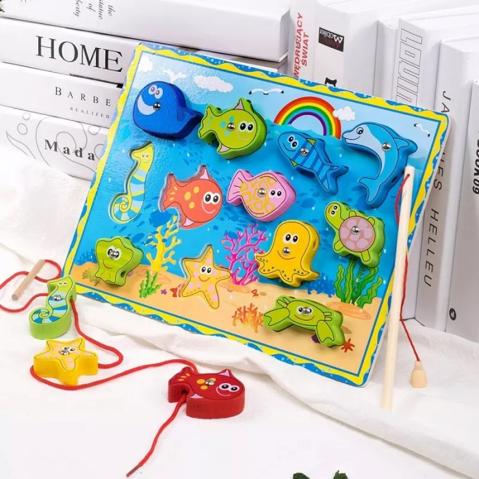 Joc de pescuit magnetic din lemn 3 in 1, snuruit, puzzle incastru, multicolor [5]