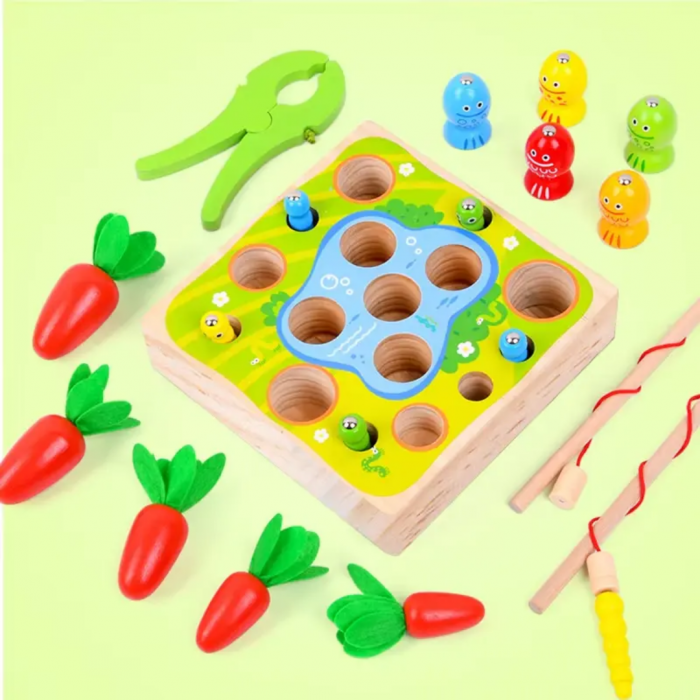 Joc de pescuit magnetic Montessori motricitate cu morcovi Fun Farm, multicolor [7]