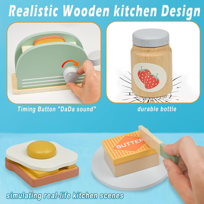 Joc de rol Montessori din lemn Prajitor de Paine cu accesorii, 9 piese, multicolor [5]