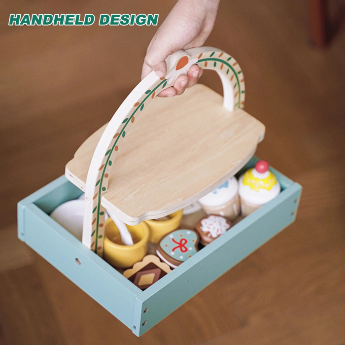 Joc de rol Montessori din lemn Set de Ceai cu accesorii si Prajituri, 14 piese, multicolor [5]