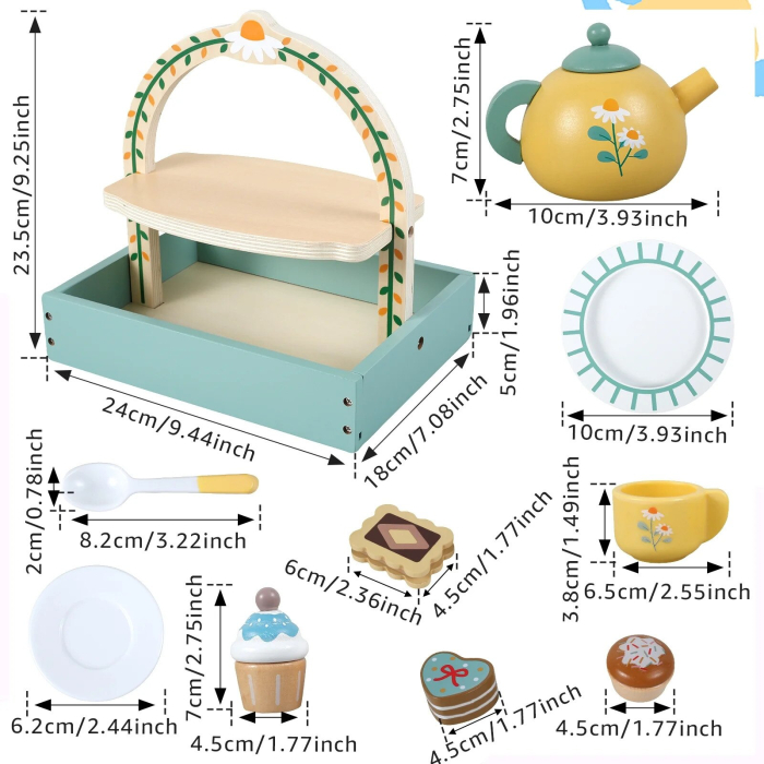 Joc de rol Montessori din lemn Set de Ceai cu accesorii si Prajituri, 14 piese, multicolor [6]