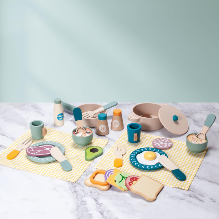 Joc de rol Montessori din lemn Vase pentru Gatit cu accesorii, 39 piese, multicolor [2]