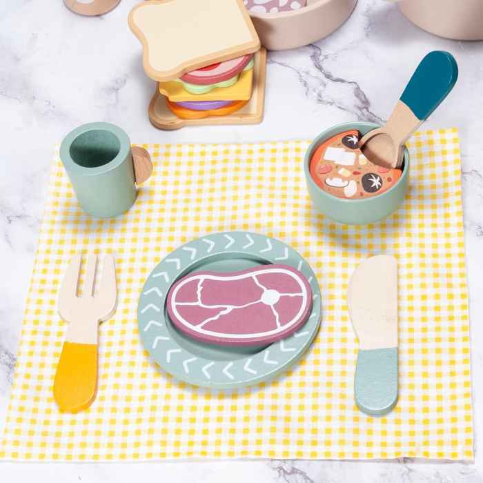 Joc de rol Montessori din lemn Vase pentru Gatit cu accesorii, 39 piese, multicolor [4]