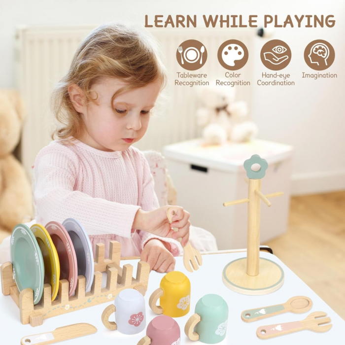 Joc de rol Montessori din lemn Vesela Bucatarie cu accesorii, 22 piese, multicolor [10]