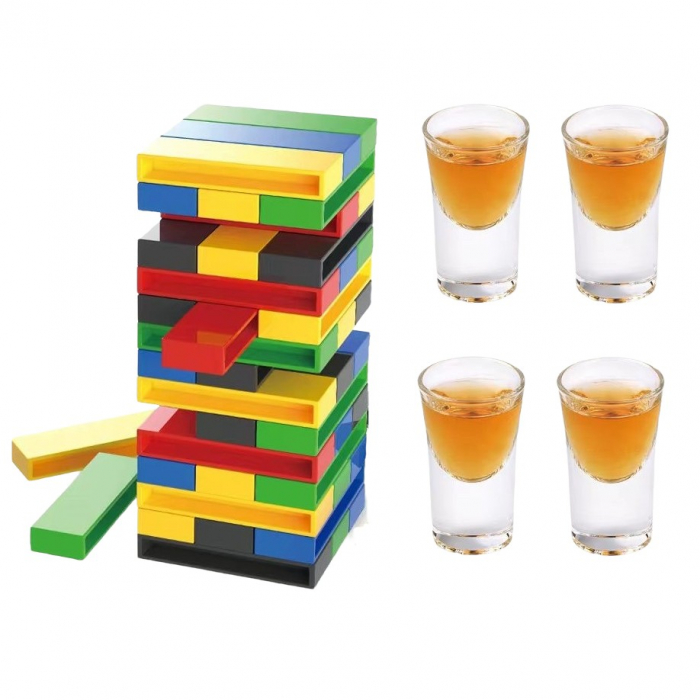 Joc de Societate ,  Turn Jenga din Plastic, cu 4 Pahare de Shot, +18 Ani, Multicolor [1]