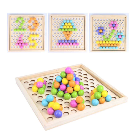 Joc educativ Montessori 2 in 1 de memorie si motricitate fina, sortare, mozaic cu bile din lemn, cleste, lingura, chopsticks, multicolor [3]