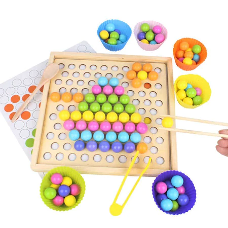 Joc educativ Montessori 2 in 1 de memorie si motricitate fina, sortare, mozaic cu bile din lemn, cleste, lingura, chopsticks, multicolor [2]