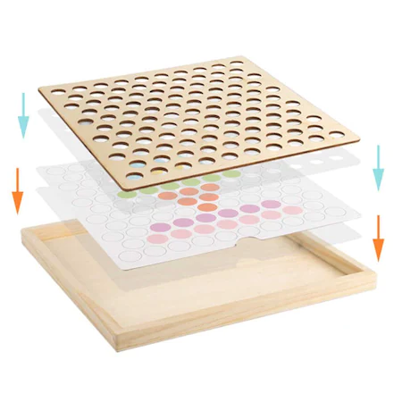 Joc educativ Montessori 2 in 1 de memorie si motricitate fina, sortare, mozaic cu bile din lemn, cleste, lingura, chopsticks, multicolor [7]