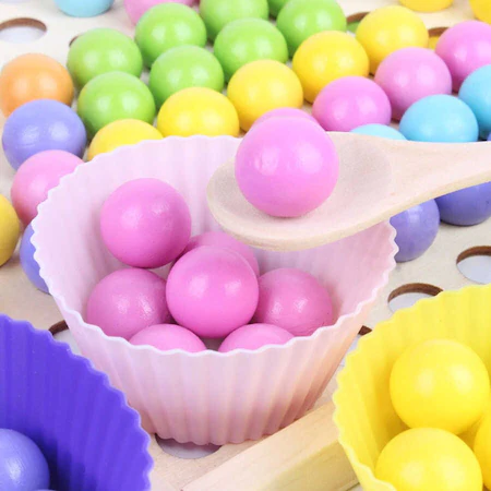 Joc educativ Montessori 2 in 1 de memorie si motricitate fina, sortare, mozaic cu bile din lemn, cleste, lingura, chopsticks, multicolor [5]