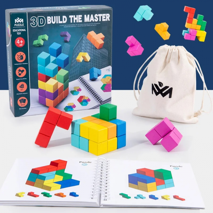 Joc educativ Build the Master, Tetris 3D cuburi din lemn, multicolor [2]