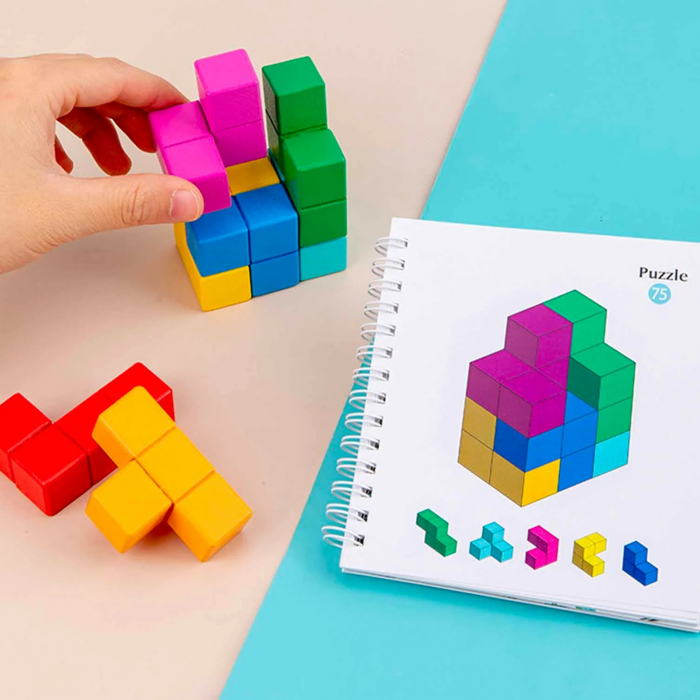 Joc educativ Build the Master, Tetris 3D cuburi din lemn, multicolor [4]