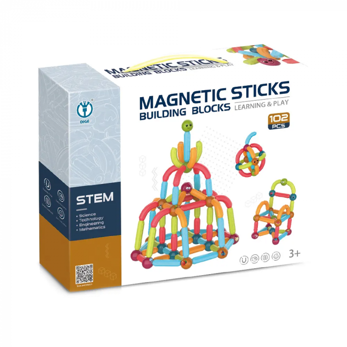 Joc educativ constructii magnetice Magnetic Sticks cu animale, 102 piese, multicolor [5]
