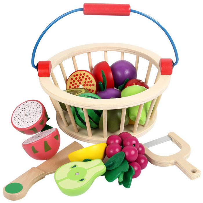 Joc educativ Cos cu fructe din lemn pentru feliat, 12 piese, multicolor [2]