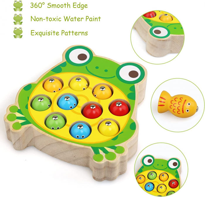 Joc educativ de pescuit magnetic din lemn Broscuta Vesela, multicolor [2]