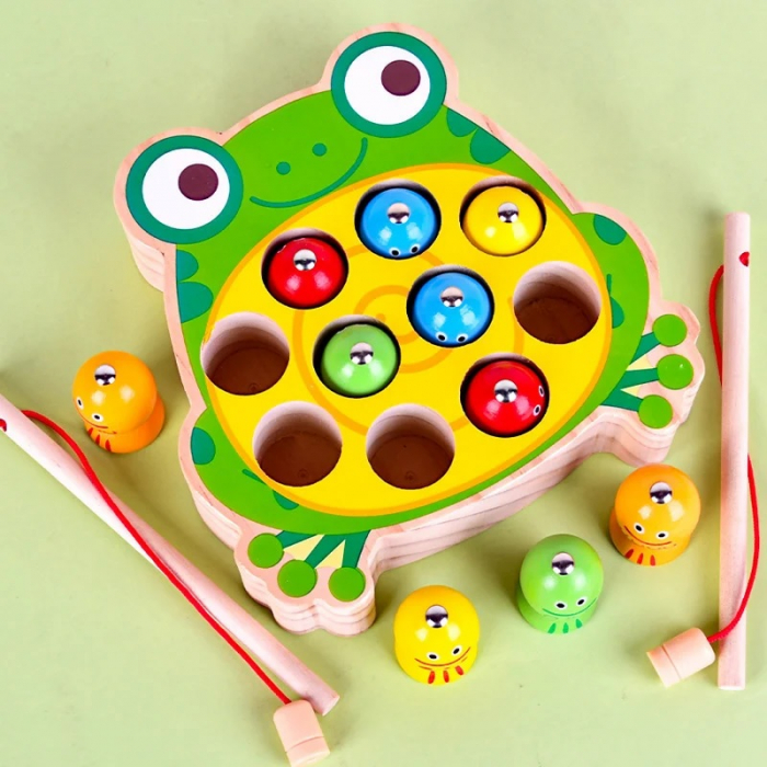 Joc educativ de pescuit magnetic din lemn Broscuta Vesela, multicolor [4]