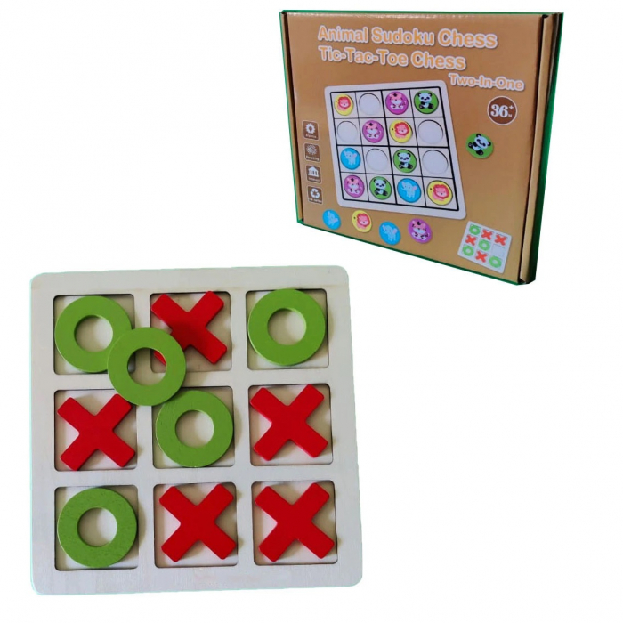 Joc educativ din lemn 2 in 1 X si Zero si Sudoku Animale, multicolor [3]