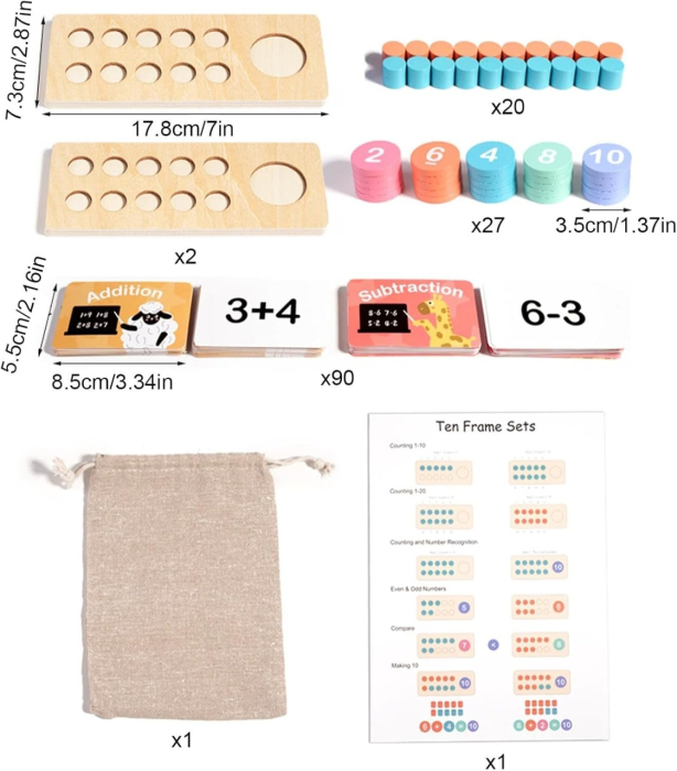 Joc Educativ din lemn cu adunari, scaderi si numarat Ten Frame, multicolor [7]