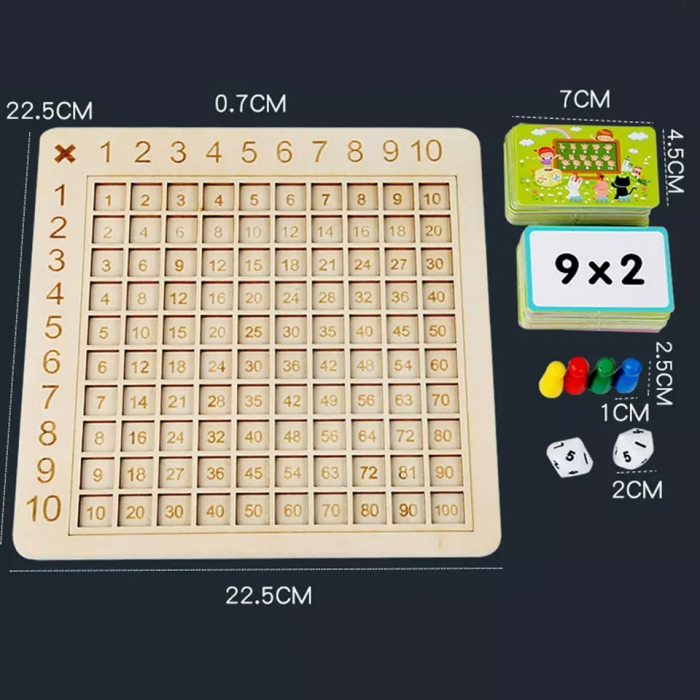 Joc educativ din lemn Tabla Inmultirii cu Cartonase, Pioni si Zaruri, multicolor [8]