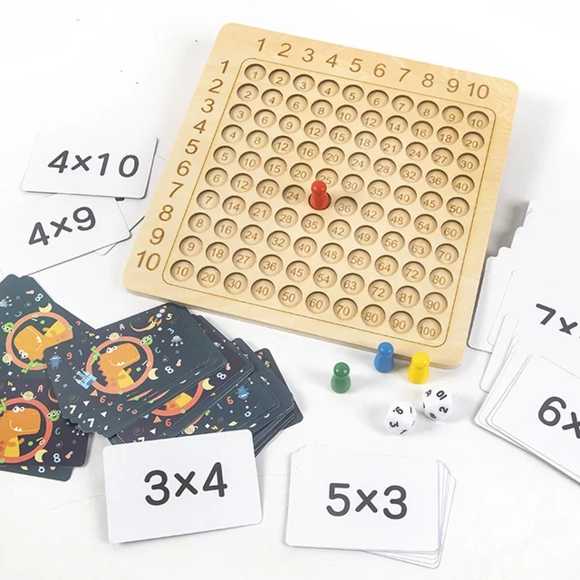 Joc educativ din lemn Tabla Inmultirii cu cartonase, zaruri si pioni, multicolor [3]