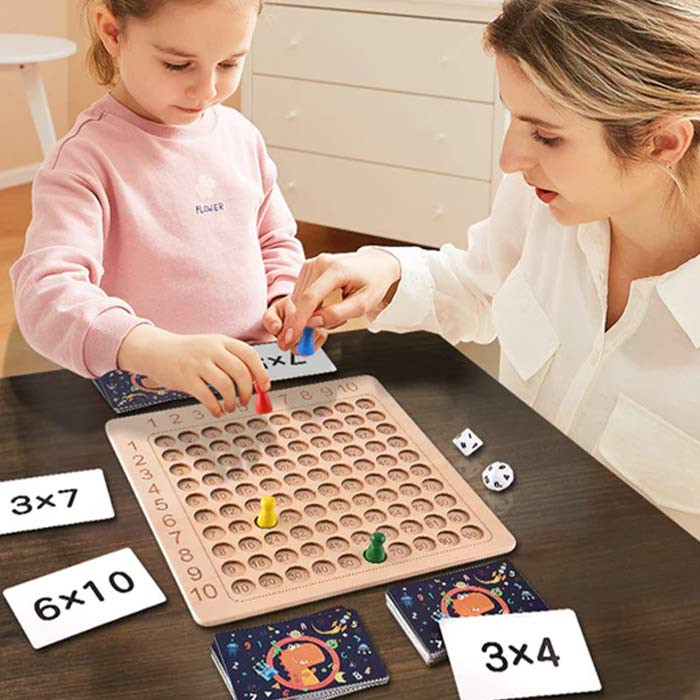 Joc educativ din lemn Tabla Inmultirii cu cartonase, zaruri si pioni, multicolor [6]