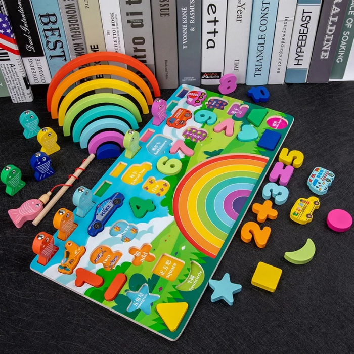 Joc educativ logaritmic Montessori din lemn 5 in 1 Curcubeu, multicolor [2]