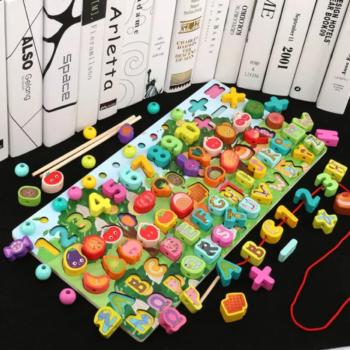 Joc educativ logaritmic Montessori din lemn 6 in 1 Fructe, Snuruit si indemanare , multicolor [2]
