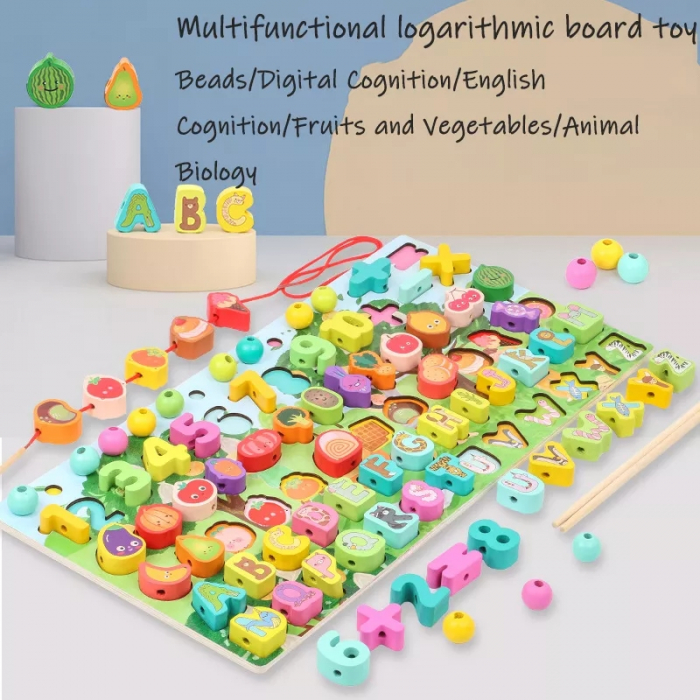 Joc educativ logaritmic Montessori din lemn 6 in 1 Fructe, Snuruit si indemanare , multicolor [3]