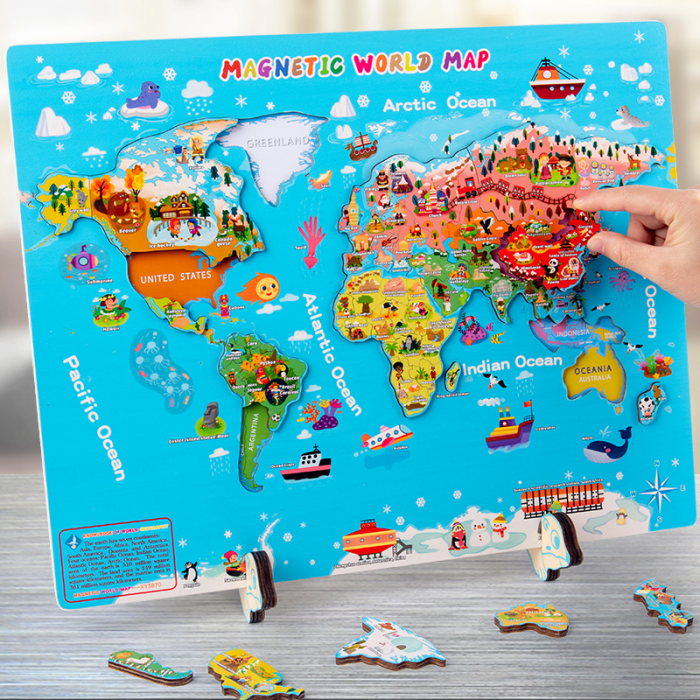 Joc educativ magnetic din lemn Harta Lumii, 184 cartonase, multicolor [4]