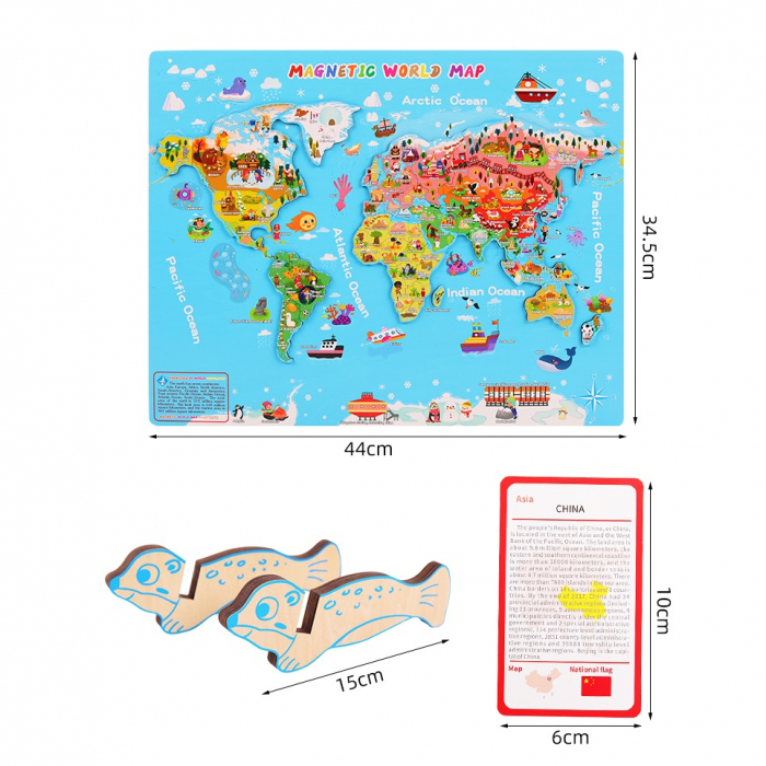 Joc educativ magnetic din lemn Harta Lumii, 184 cartonase, multicolor [8]
