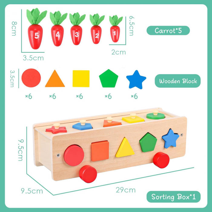 Joc educativ Montessori 3 in 1 cu Morcovi, indemanare si sortare, multicolor [7]