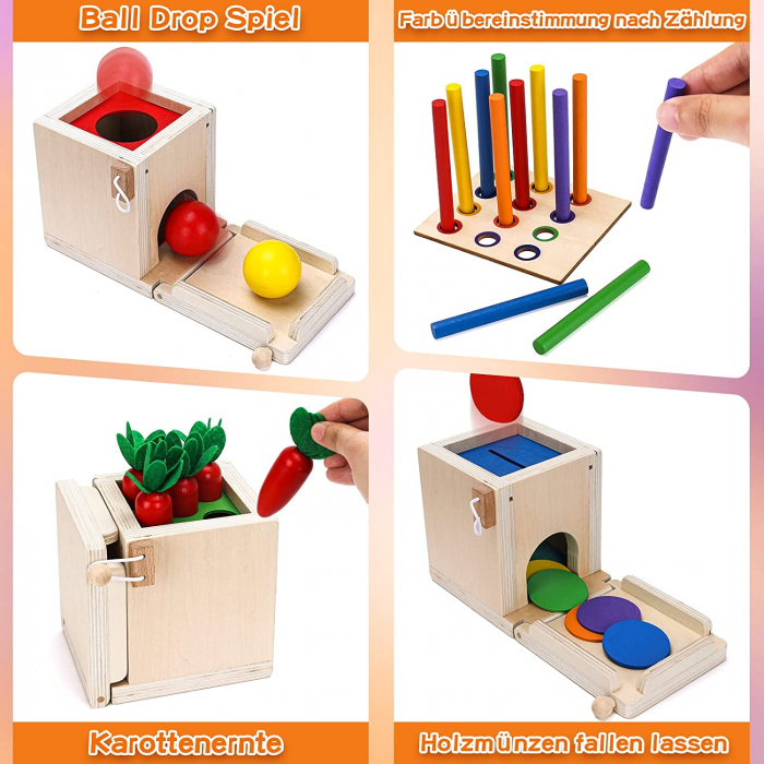 Joc educativ Montessori 4 in 1 Cutia Permanentei, indemanare si sortare, multicolor [3]