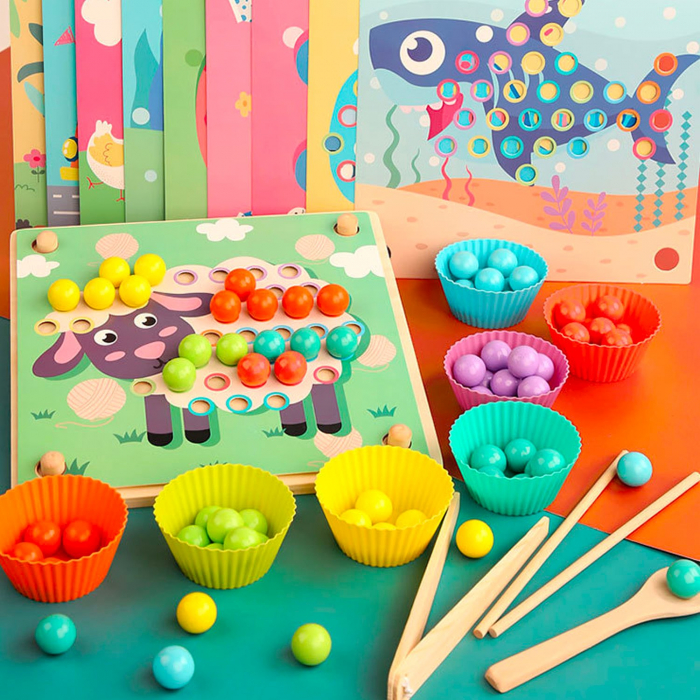 Joc educativ Montessori motricitate si asociere culori Advanced Clip Beads, cleste, lingura, chopsticks, multicolor [4]