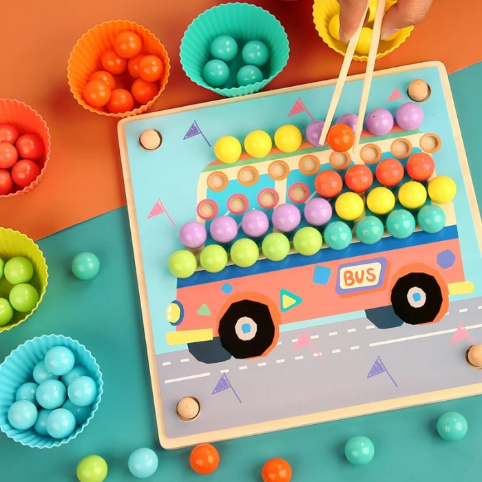 Joc educativ Montessori motricitate si asociere culori Advanced Clip Beads, cleste, lingura, chopsticks, multicolor [2]