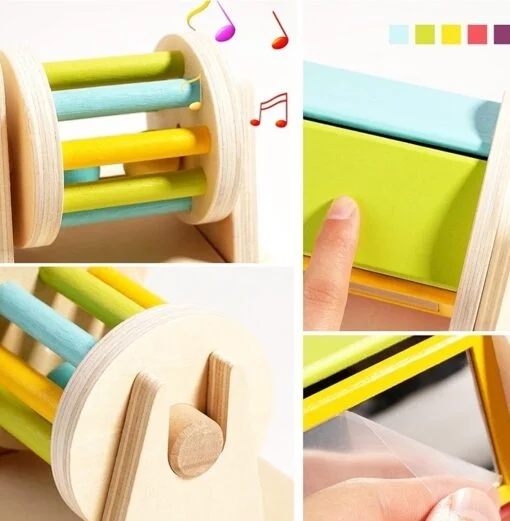 Joc educativ Montessori Tambur Dublu Curcubeu cu clopotei si oglinda, multicolor [6]