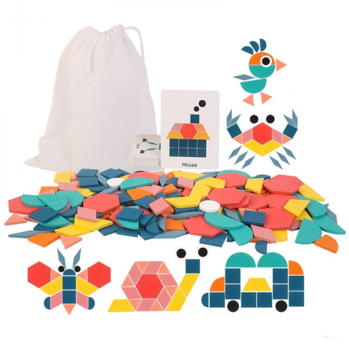 Joc educativ Tangram 180 piese din lemn, multicolor [5]