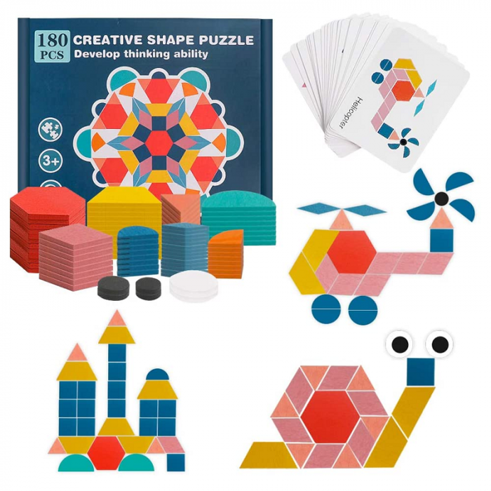 Joc educativ Tangram 180 piese din lemn, multicolor [2]