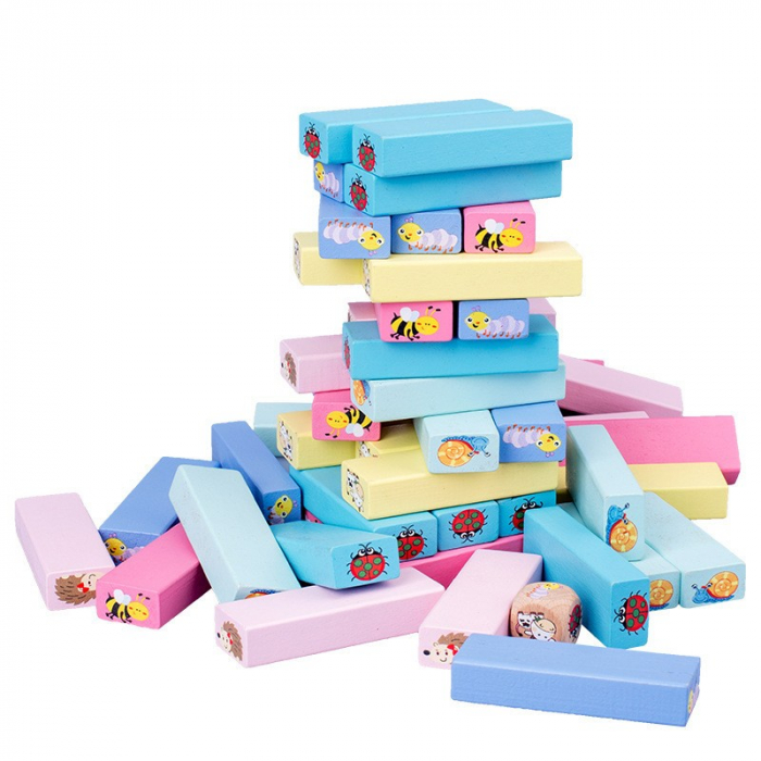 Joc Jenga Stack High Blocks din Lemn, Interactiv, Distractiv, Zar si 51 de Piese Animate, Multicolor [3]