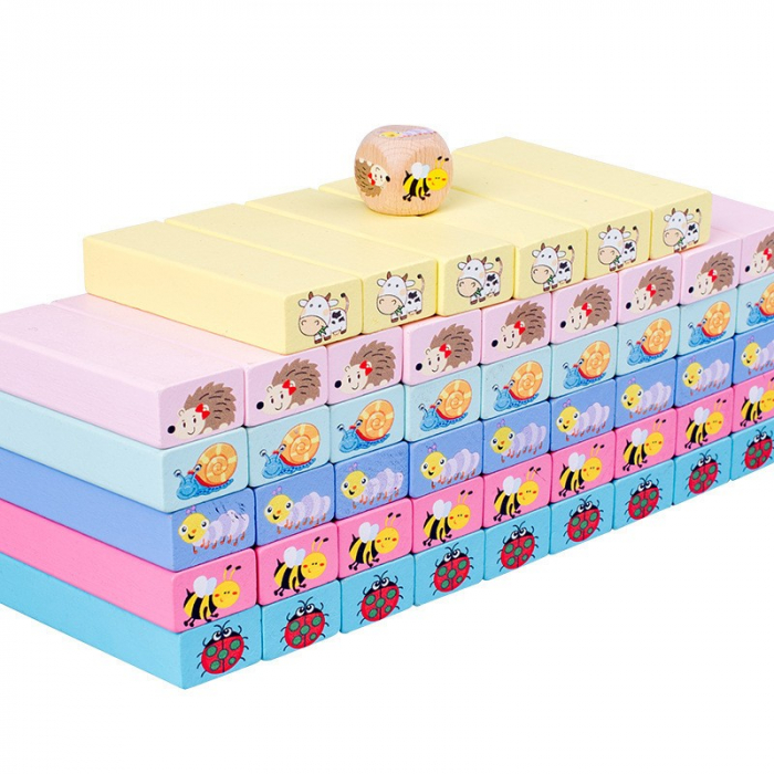 Joc Jenga Stack High Blocks din Lemn, Interactiv, Distractiv, Zar si 51 de Piese Animate, Multicolor [2]