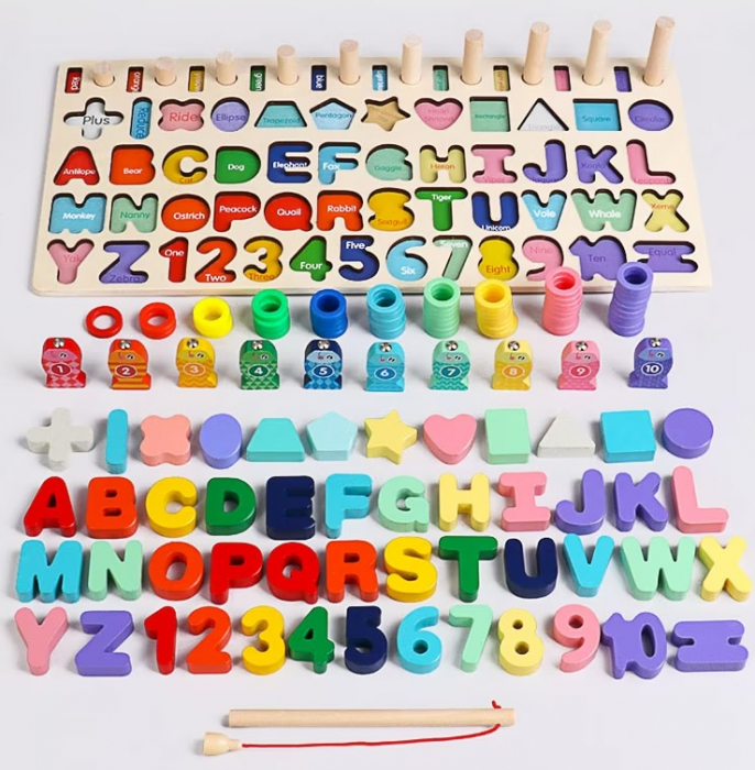 Joc educativ Logaritmic din lemn 4 in 1, Pescuit magnetic, Litere, Cifre, Forme, multicolor [5]