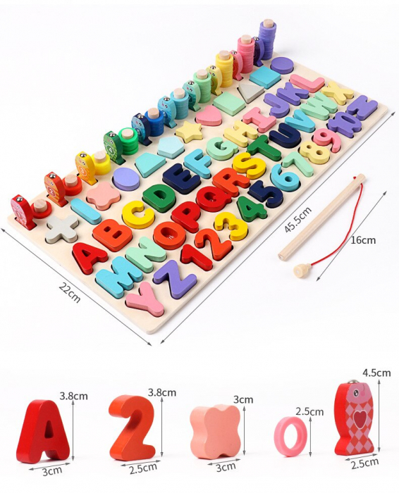 Joc educativ Logaritmic din lemn 4 in 1, Pescuit magnetic, Litere, Cifre, Forme, multicolor [6]