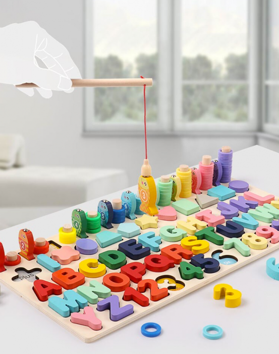 Joc educativ Logaritmic din lemn 4 in 1, Pescuit magnetic, Litere, Cifre, Forme, multicolor [2]