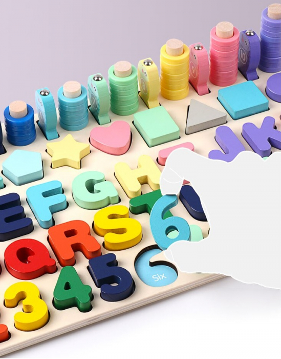 Joc educativ Logaritmic din lemn 4 in 1, Pescuit magnetic, Litere, Cifre, Forme, multicolor [4]