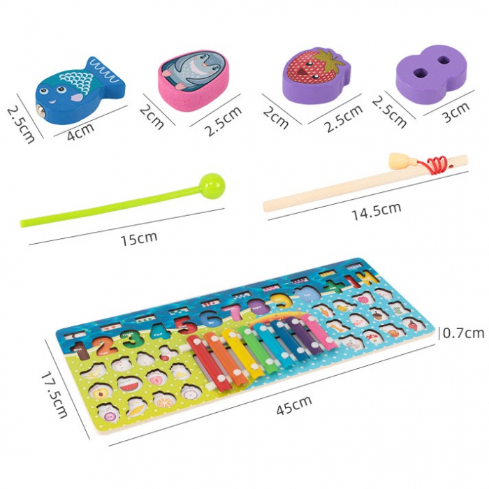 Joc educativ logaritmic cu Xilofon Montessori 5 in 1 cu cifre, fructe, animale, joc de pescuit din lemn, multicolor [6]